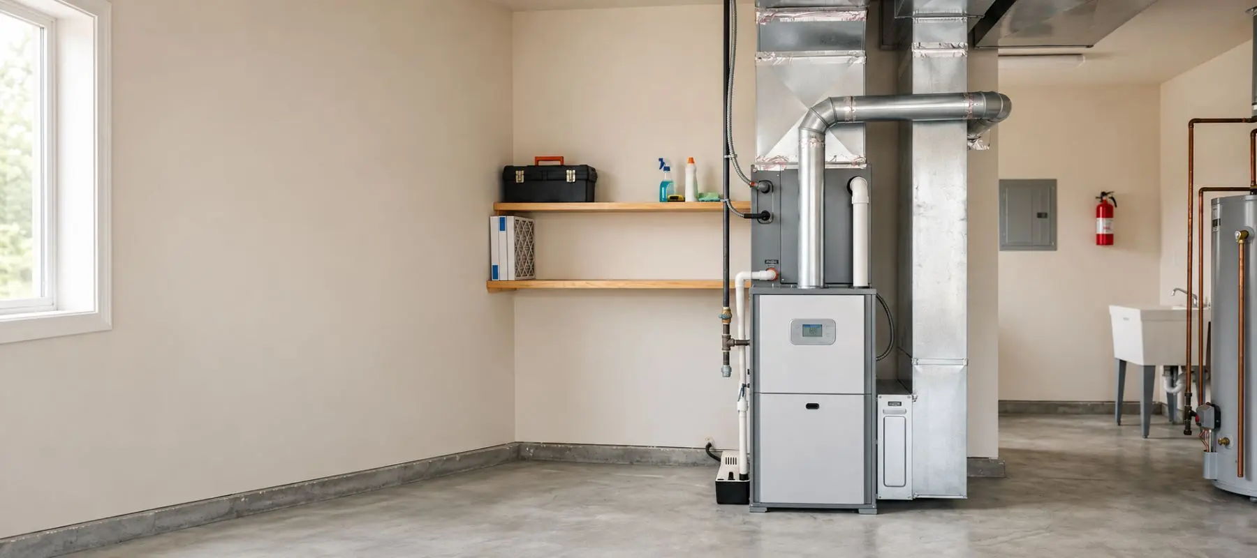 A furnace and metal ductwork stand in a basement corner next to wooden shelves holding a toolbox and cleaning supplies.