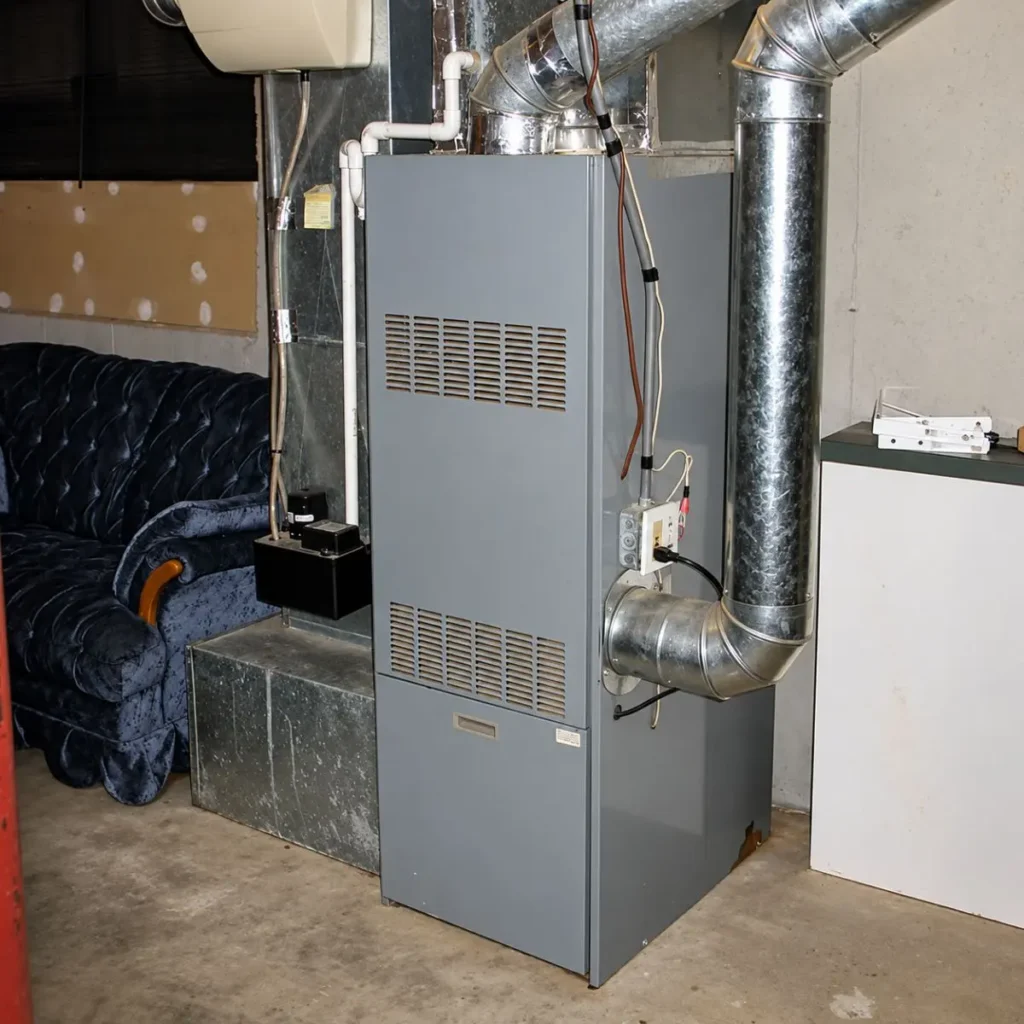 A gray HVAC furnace unit with attached metal ductwork standing in a basement.