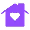 A purple house icon with a heart shape in the center, symbolizing love or care within a home.