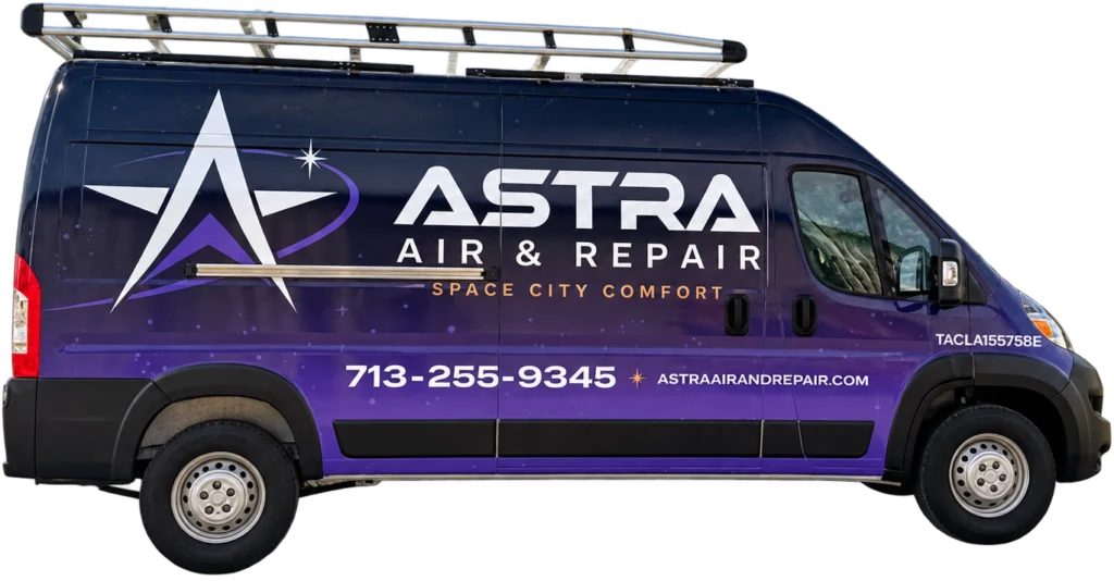 A dark blue Astra Air & Repair service van featuring the company logo, phone number, website, and license number TACLA155758E.